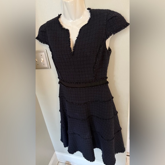 Rebecca Taylor Texture Navy Black Tweed Fringe Hem Designer Fall Dress 0 XS $475 - Picture 3 of 11